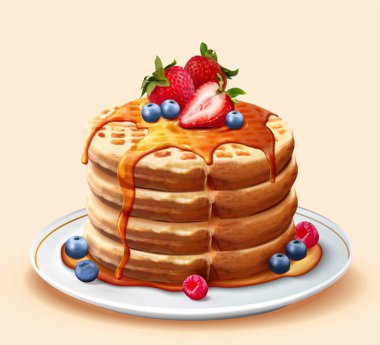 Koyu ve çıtır çıtır waffle 'lardan süzülen balın üç boyutlu bir çizimi.