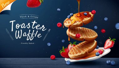 Mavi ahşap masa arkasında 3 boyutlu resimli tost makinesi waffle reklamı. Akçaağaç şurubu yoğun ve gevrek waffle 'ların üzerine meyve döküyor..