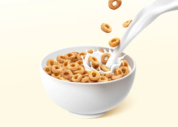 牛乳のスプラッシュを注ぐとリングシリアルやCheeriosのボウル 薄い黄色の背景に隔離された3次元現実的な食品要素 — ストックベクタ