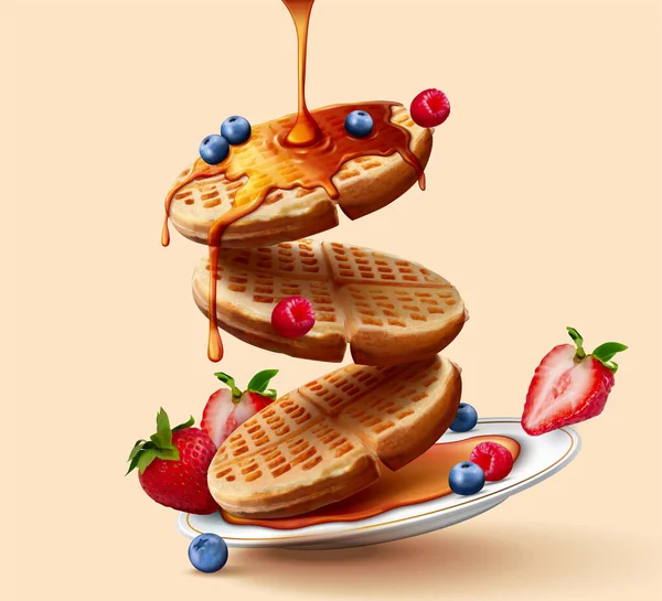 Illustration Von Honig Auf Dicken Und Knusprigen Toaster Waffeln Mit — Stockvektor