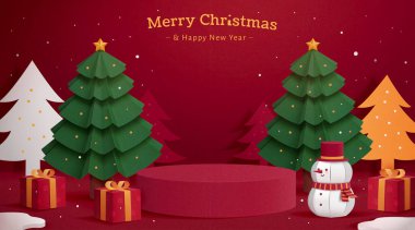 Kağıt, Xams arka planındaki kırmızı sahnenin sanat kesimi çizimi. Hediye, kardan adam ve koyu kırmızı arka planda Noel ağaçlarıyla silindirik bir sahne.