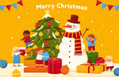 Mutlu Noel 'in düz çizimi. Çocuklar, karlı sarı arka planda dev bir kardan adamla Xmas ağacını süslüyorlar.