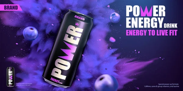 Power Drink Banner Reklama Efektem Výbuchu Borůvky Létání Tmavém Purpurovém — Stockový vektor