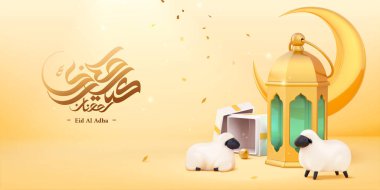 Eid Al Adha islamic calligraphy with golden decorative lanterns, sacrificial sheep and crescent moon on golden background in 3d illustration clipart