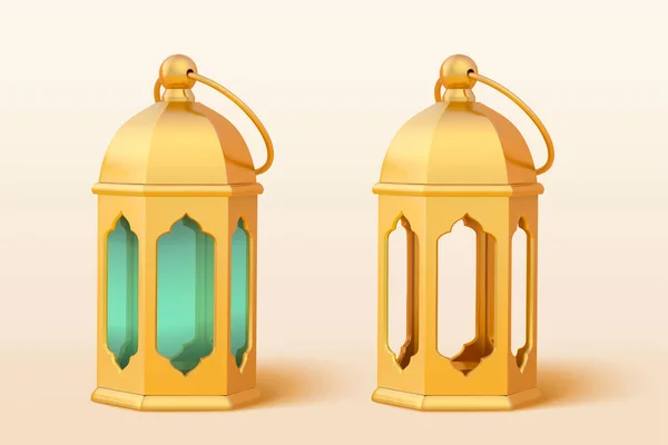Conjunto Ilustração Lanternas Douradas Sobre Fundo Bege Uma Com Vidro —  Vetores de Stock