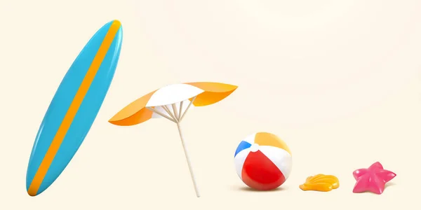 夏季海滩物品的3D元素 日光浴 户外活动或休闲娱乐用物品 — 图库矢量图片