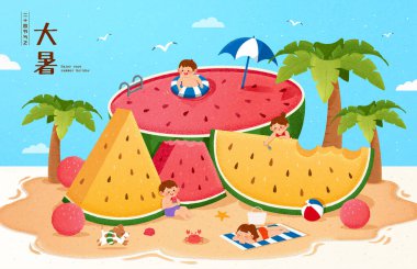 Elle çizilmiş yaz karpuz piknik afişi. Yazın deniz kenarında meyve pikniğinde eğlenen çocukların resmi. Çince çeviri: Great Heat, yılın 12. Güneş Dönemi