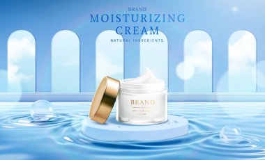 3D yüz kremi kozmetik reklamı. Yüzme havuzunda yüzen podyumun üstündeki cam krema kavanozunun resmi. Arka planda kemerler var.