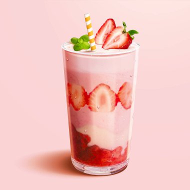 Bir bardak çilekli yoğurtlu smoothie ya da pembe arka planda 3 boyutlu resimli milkshake.
