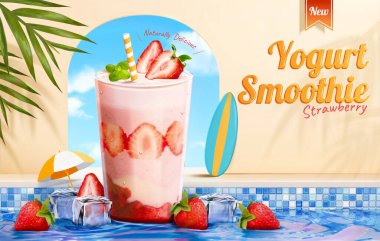 Üç boyutlu çilekli smoothie promosyon. Yüzme havuzunda buzlu bir bardak çilekli milkshake.