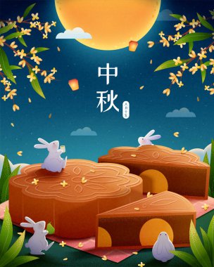 Sonbahar festivali afişi. Yeşim tavşanların ay çöreği pikniği yaptığı ve geceleri ayı izlediği bir resim. Sonbahar ortası festivali Çince yazılmış.