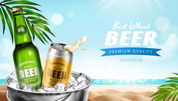 Διαφημιστικό Διαφημιστικό Σιταριού Εικονογράφηση Της Δροσιστικής Μπύρας Σιταριού Μπουκάλι Και — Διανυσματικό Αρχείο