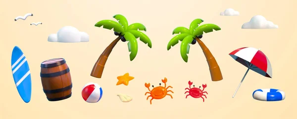 3D海滩元素 包括棕榈树 阳伞等 关于黄色背景 — 图库矢量图片