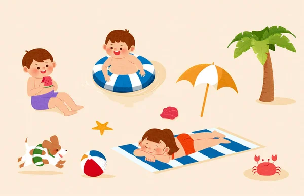 孩子们在海滩进行夏季活动 说明儿童在海滨玩乐的情况 包括吃西瓜 在水里玩耍和在毯子上晒日光浴 — 图库矢量图片