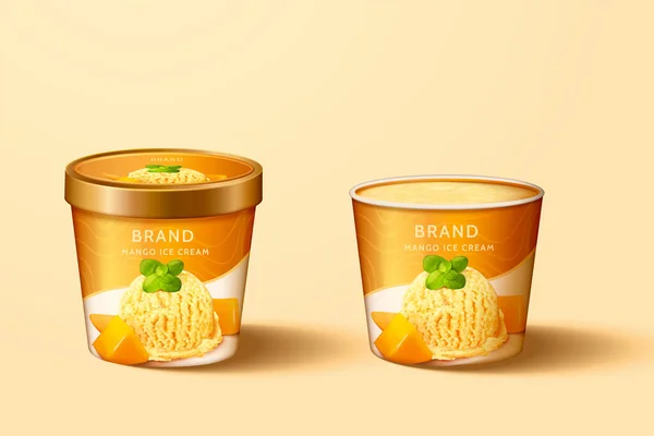 3Dイラストのマンゴーアイスクリームカップパッケージデザイン 蓋付きのものとオレンジの背景に蓋なしのもの — ストックベクタ