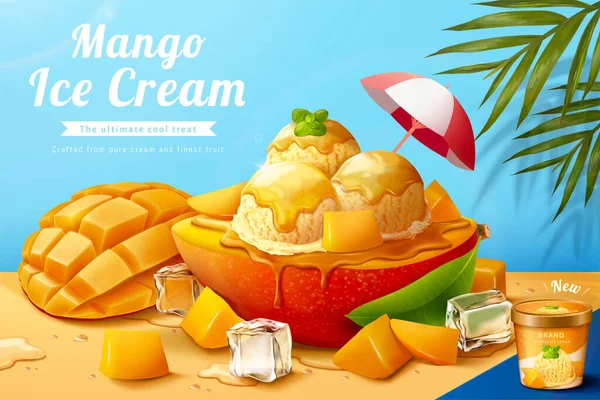 Mango Dondurma Reklamı Dondurmayı Yanında Buz Küpleri Ürün Paketi Tasarımı — Stok Vektör