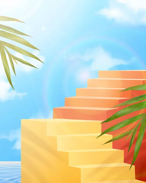 3D多彩的楼梯背景 天气炎热的日子 泳池内户外楼梯的图解 — 图库矢量图片