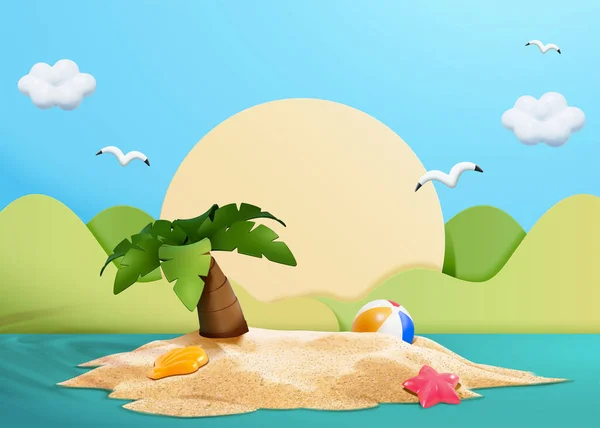 ヤシの木 ヒトデや砂の上にビーチボールと小さな島の3Dイラスト 背景には紙切り風の太陽と山 — ストックベクタ