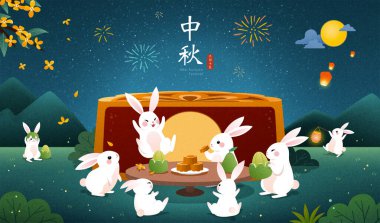 Mid Autumn Festival banner. Moon rabbits picnicking outdoor, eating mooncakes and pomelos as holiday celebration. Holiday name and 15th day of the 8th lunar month written in Chinese clipart