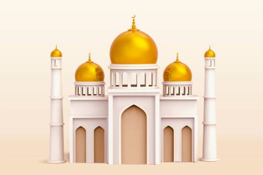 Bej arka planda parlak pirinç kubbeyle dekore edilmiş zarif bir cami binasının 3D çizimi