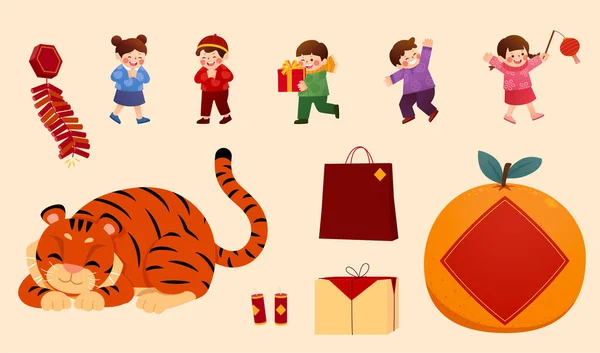 2022 Čínský Rok Tygřího Prvku Ručně Kreslené Ilustrace Asijských Dětí — Stockový vektor