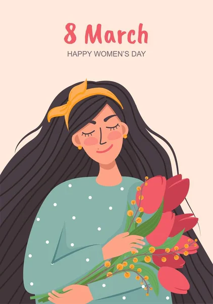 为3月8日的国际妇女日设计的明信片概念 背景是梦寐以求的可爱女人 带着一束鲜花 红色郁金香和杜鹃 祝贺你的春节假期 图库插图