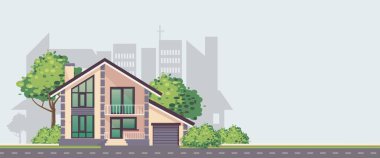 Ağaçları ve çalıları olan rahat bir kır evi. İnşaat alanı veya emlak ajansının reklamı için banner şablonu, yenileme, hırdavat dükkanı, emlak satışı. Düz stil yatay arka plan.