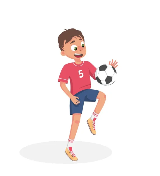 Kleine Jongen Een Voetballer Tiener Speelt Met Een Voetbal Schopt — Stockvector