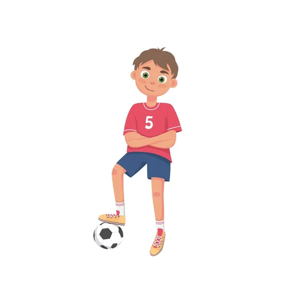 Little Boy Stands Soccer Ball Child Soccer Player Cartoon Style — Stock Vector