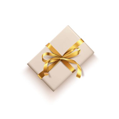 Altın kaplamalı bej kutu. Hediye, beyaz arka planda yatar. Kutlama, tatil kartı veya reklam afişi için izole edilmiş vektör unsuru. Kutlamanın, doğum gününün, Noel 'in, yeni yılın ya da diğer etkinliklerin sembolü.