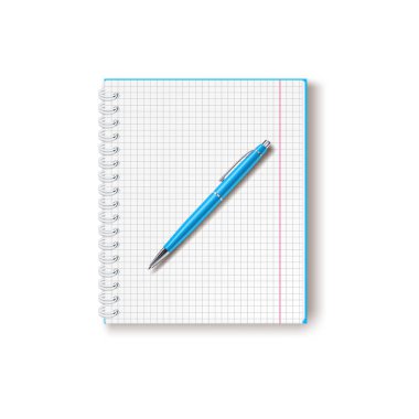 Üzerinde mavi bir kalem olan kafeste duran bir defter. Daire biçiminde bir okul veya ofis teması üzerinde vektör izole edilmiş illüstrasyon. Planlama, eğitim ve zaman yönetiminin sembolü. Simge