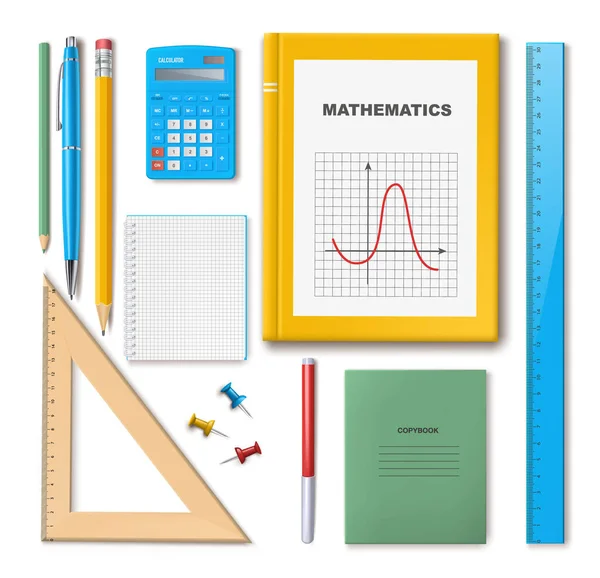 一套用于设计的学校附件 矢量以现实的风格孤立地说明 平铺风格的白色背景上的课本 笔记本 正方形 钢笔和铅笔 — 图库矢量图片