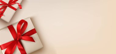 Bayram afişi için bej yatay arka plan. Hediyeler el sanatları kağıdına doldurulmuş, kırmızı kurdeleyle bağlanmış. Vektör çizimi. Tebrik ya da tanıtım şablonu.