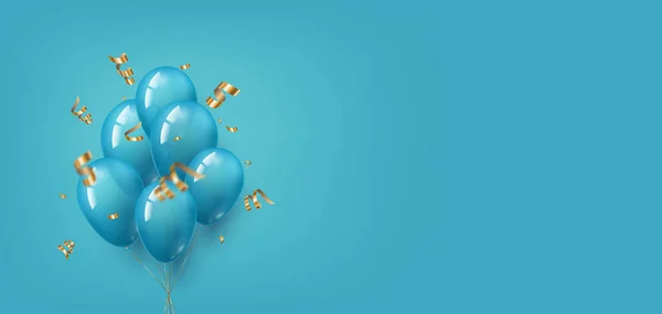 蓝色的节日横向背景 气球和金色的彩带 可用于促销横幅或生日 周年或其他节日贺卡 免版税图库插图