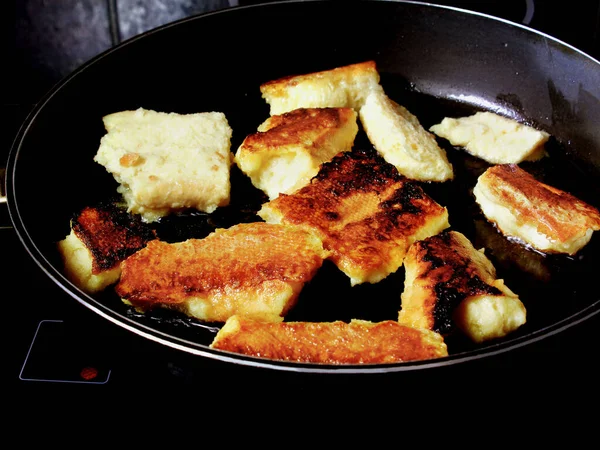 Leche Los Huevos Azúcar Baguette Cacerola Esa Baguette Está Frita — Foto de Stock