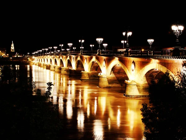 Gece Pont Pierre Taş Köprü Bordeaux Fransa — Stok fotoğraf