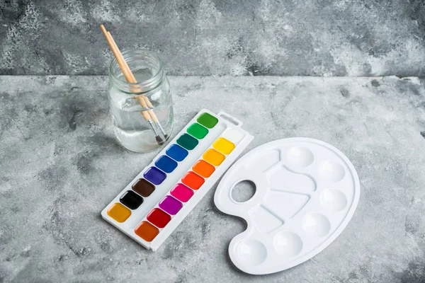 Artistic Brush Palette Jar Water Watercolor Paints — Stock Photo, Image