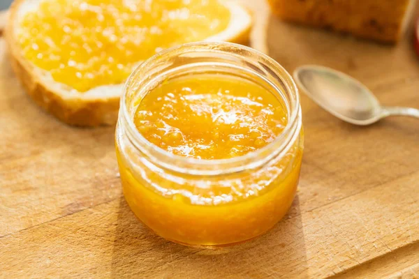 Jar Freshly Making Citrus Jam Selective Focus Shallow Depth Field — Stock Photo, Image