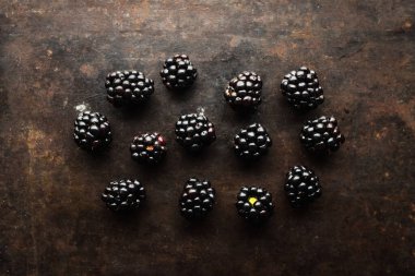 Koyu kırsal arka planda olgun böğürtlen yığını. Seçici odaklanma. Sığ alan derinliği.