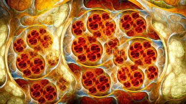 Canlı hücreler mikroskop altında. Gizemli psychedelic evren rahatlama wallpape. Kutsal geometri. Fraktal Wallpaper desen masaüstü. Dijital sanat yaratıcı grafik tasarım.