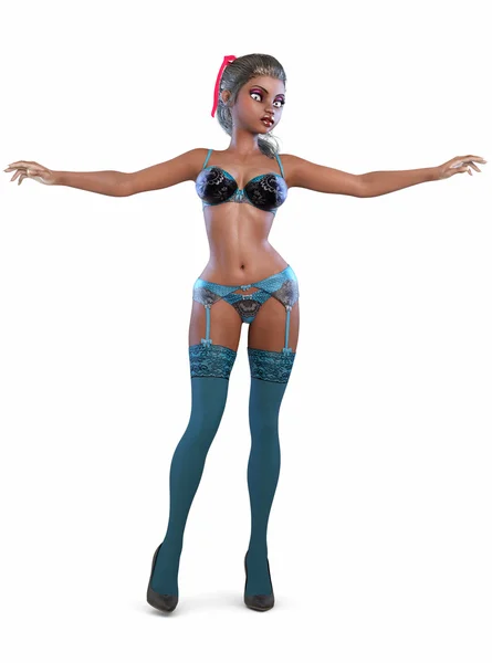 Zwarte sexy vrouw in blauwe lingerie. — Stockfoto