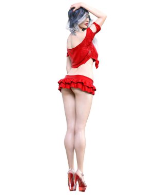 Güzel kadın kırmızı mini eteği. Parlak makyaj. Stüdyo fotoğrafı. Kavramsal moda sanatı. Baştan çıkarıcı pozlar..