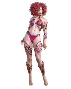 Savaşçı Amazon kadın. Uzun saçlı. Kaslı atletik vücut. Açık sözlü, kışkırtıcı bir duruş sergileyen bir kız. Kavramsal moda sanatı. 3D görüntüyü izole et. Merhaba anahtar..