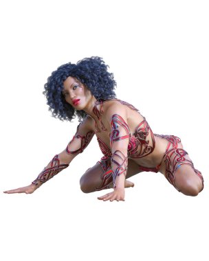 Savaşçı Amazon kadın. Uzun saçlı. Kaslı atletik vücut. Açık sözlü, kışkırtıcı bir duruş sergileyen bir kız. Kavramsal moda sanatı. 3D görüntüyü izole et. Merhaba anahtar..