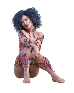 Savaşçı Amazon kadın. Uzun saçlı. Kaslı atletik vücut. Açık sözlü, kışkırtıcı bir duruş sergileyen bir kız. Kavramsal moda sanatı. 3D görüntüyü izole et. Merhaba anahtar..