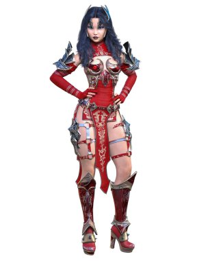 Savaşçı Amazon kadın metal bıçak. Uzun koyu renk saç. Komik kahraman. Kaslı atletik vücut. Agresif duruş gösteren kız.