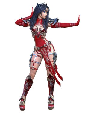 Savaşçı Amazon kadın metal bıçak. Uzun koyu renk saç. Komik kahraman. Kaslı atletik vücut. Agresif duruş gösteren kız.