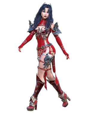 Savaşçı Amazon kadın metal bıçak. Uzun koyu renk saç. Komik kahraman. Kaslı atletik vücut. Agresif duruş gösteren kız.