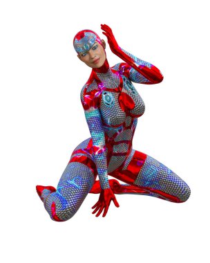 Sayborg robot kadın, fütüristik metalik neon elbise. Müsrif moda sanatı. Açık sözlü, provakatif bir poz veren kız..