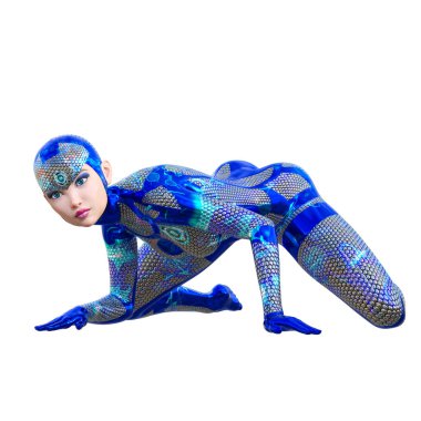 Sayborg robot kadın, fütüristik metalik neon elbise. Müsrif moda sanatı. Açık sözlü, provakatif bir poz veren kız..